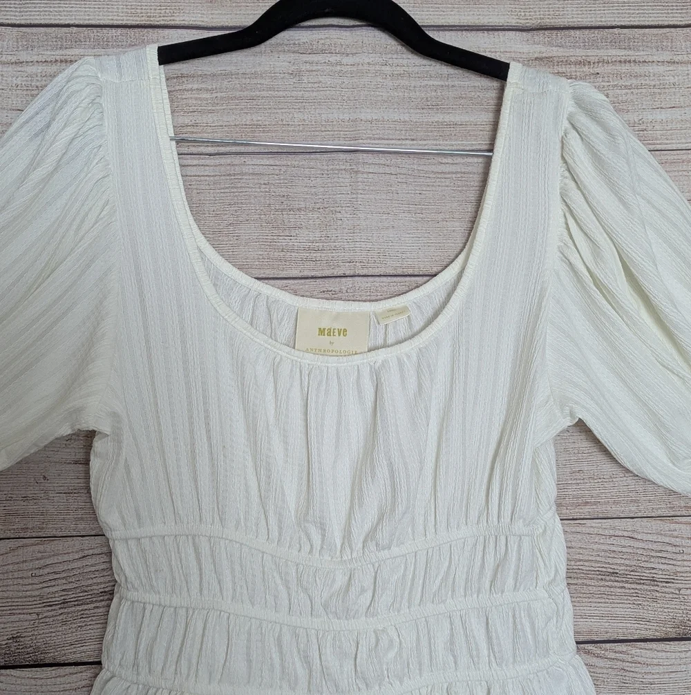 Maeve Anthropologie Size Small White Smocked Peplum Top Puff Sleeve Scoop Neck